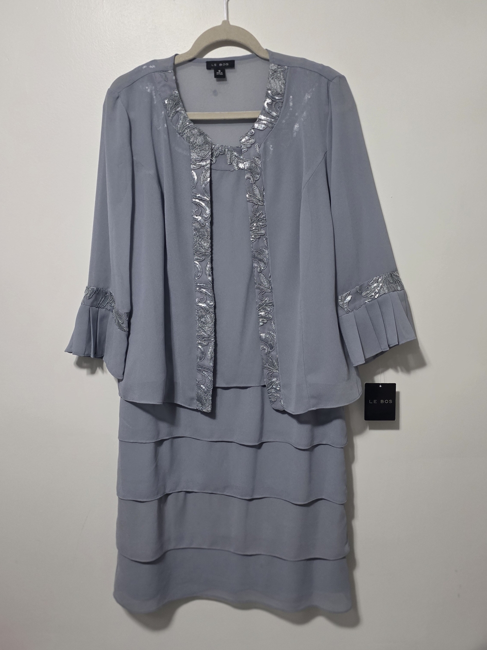 Le Bos Light Gray Layered Skirt Set with Metallic Trim